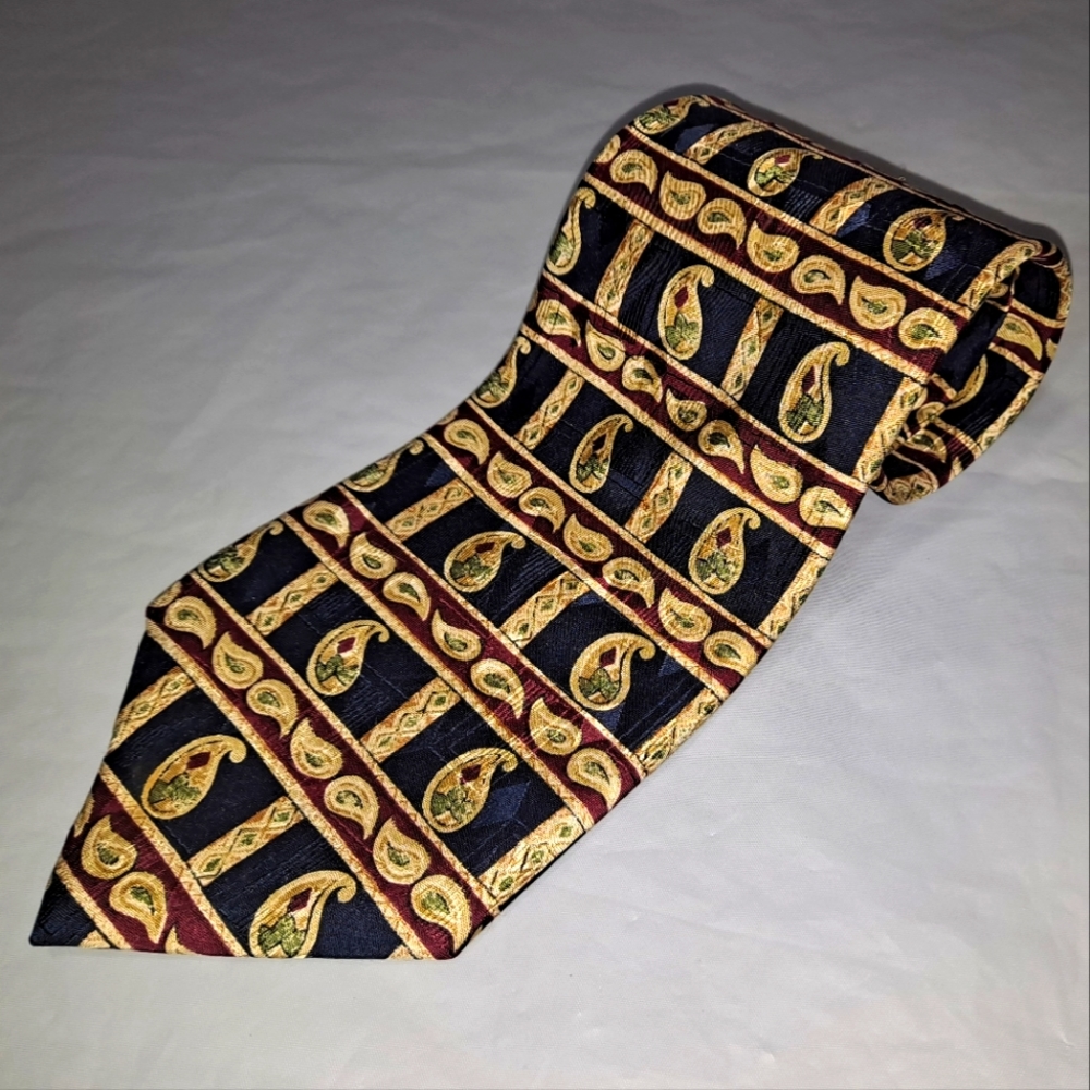 Ferrell Reed MH Frank 💯 Silk Men's Necktie 58"x 3.75" Paisley Black/Gold Luxury